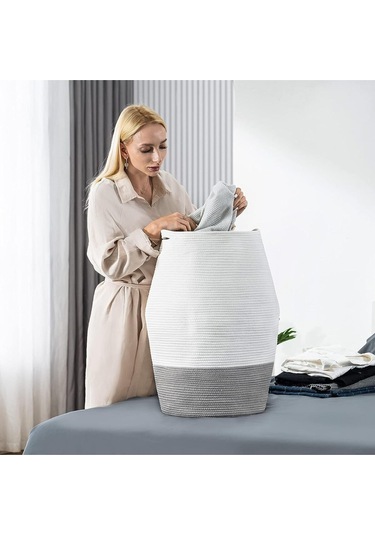 Themis Çamaşır Sepeti, Kirli Elbise Sepeti, Hasır Pamuk Halat Uzun Çamaşır Sepeti, Ev Dekoru Beyazgri