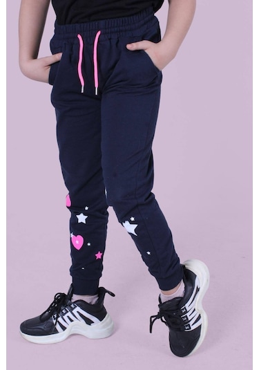 Kalp Ve Yıldız Desen Detaylı Kız Çocuk Lacivert Eşofman Altı Lacivert