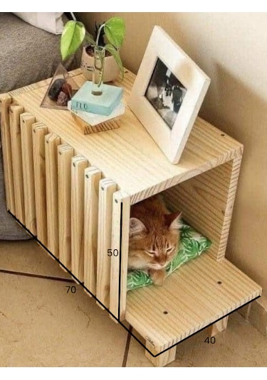 Hem Sehpa Hem Kedi Evi - Fonksiyonel Masif Ahşap Kedi Yuvası