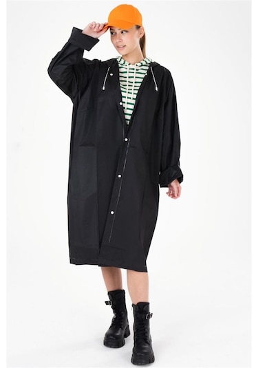 Unisex Kadın Ve Erkek Yağmurluk %100 Eva Çıtçıtlı Kapüşonlu Siyah