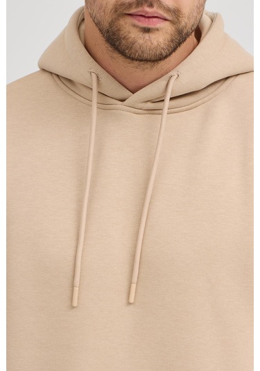Erkek Bej Standart Fit Normal Kesim Içi Polarlı 3 Iplik Kapüşonlu Pamuklu Sweatshirt Bej