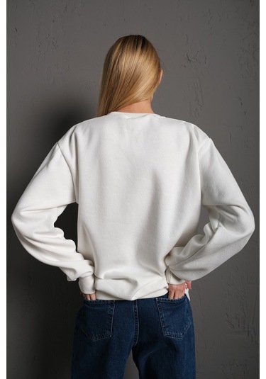 Modagen Kadın Beyaz Cool Mom Baskılı Bisiklet Yaka Oversize Sweatshirt Beyaz