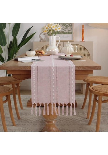 Pembe Rustik Masa Koşucular, El Yapımı Püsküllü, Vintage Dokuma Pamuk Keten Masa Koşucu Uzun Parti Yemek Masası Dekorasyonu İçin 33 220