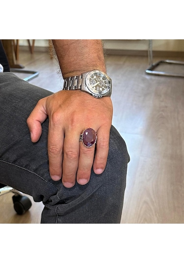 Gerçek Doğal Taş Yüzüğü - 925 Ayar Gümüş Büyük Yüzük - El Yapımı Yüzük Yakut Gümüş