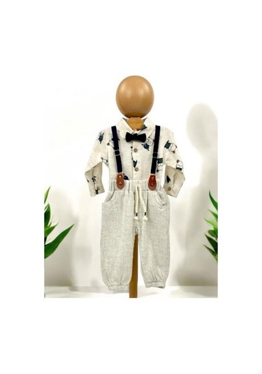 Erkek Bebek 4 Lü Pantolon Askılı Gömlek Papyonlu Takım-14129 Krem