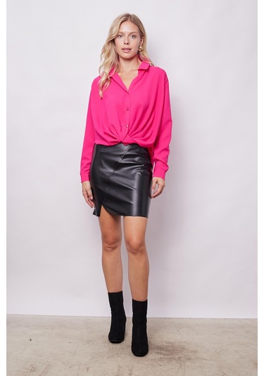 Yakalı Önü Pileli Uzun Kol Likrasız Şık Kumaş Gömlek-Fujya Fujya