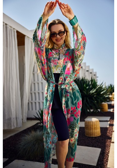 Remsa Tesettür Mayo Üzerine Tek Kaftan Kimono Pareo Yeşil Rp026 Patara Yeşil