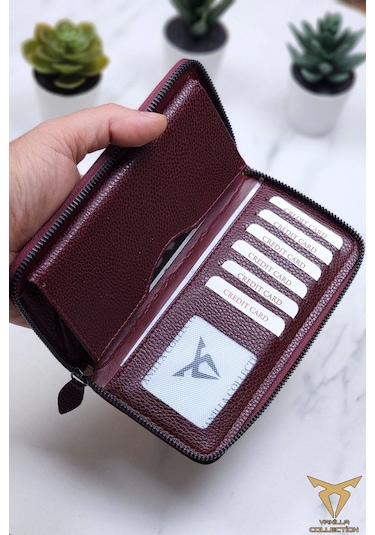 Xclub Model Unisex Telefon Bölmeli El Geçmeli Kordonlu Deri Portföy Kartlık Uzun Cüzdan Bordo Siyah