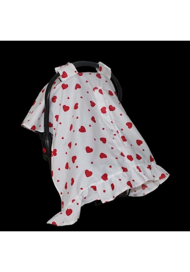 Bebek Puset Örtüsü Kalpli Puset Örtüsü Pamuklu Kumaş Fırfır Detay Çıt Çıtlı Puset Örtüsü Beyaz - Kırmızı