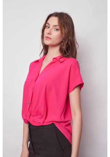 Likrasız Şık Kumaş Yakalı Düşük Omuzlu Önü Pileli Gömlek-Fujya Fujya