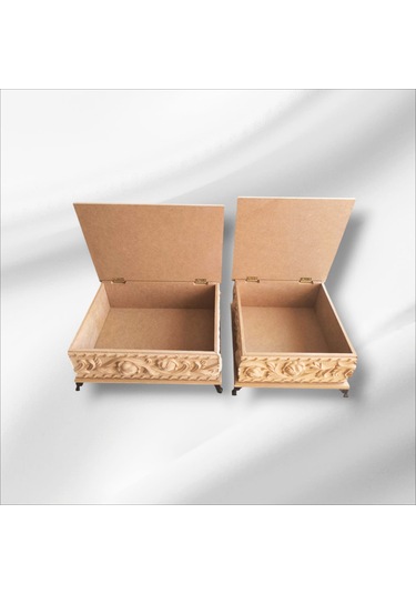 Ahşap- Ham Mdf- Desenli-takı-aksesuar- Ayaklı-2li Dekoratif Kutu