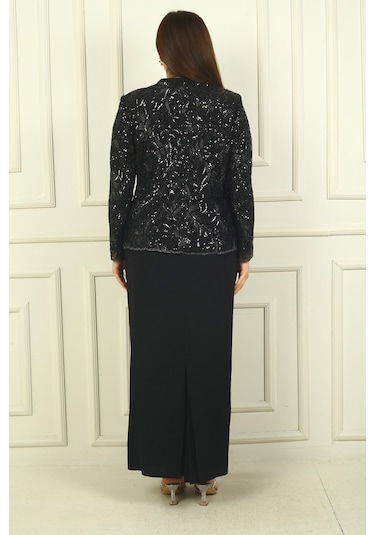 Kadın Pul İşlemeli Boncuk Detaylı Tül Ceket Yarım Ay Kollu Uzun Elbise Astarlı Krep Büyük Beden 2'li Takım Siyah Kadın Pul İşlemeli Boncuk Detaylı Tül Ceket Yarım Ay Kollu Uzun Elbise Astarlı Krep Büyük Beden 2'li Takım Siyah