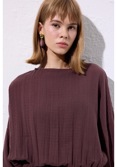 Müslin Beli Büzgülü Elbise Mürdüm Mürdüm