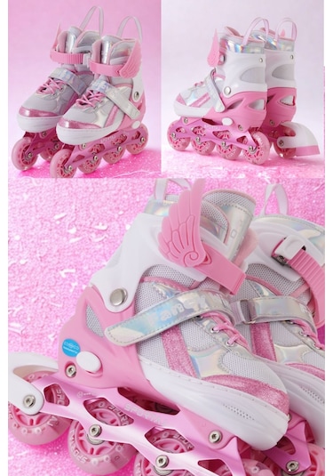 Melek Kanatlı Işıklı Çocuk Pateni Ve Dizlik Seti Silikon Teker Ayarlanabilir Paten Çantalı Pembe Pembe