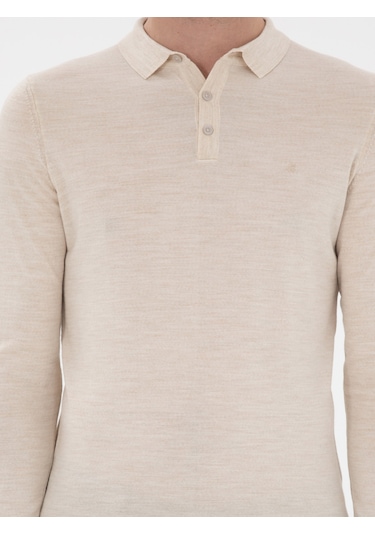 Cacharel Bej Slim Fit Yün Karışımlı Polo Yaka Basic Triko Kazak
