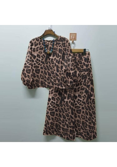 Zanzea Kadın Bluz Ve Pantolon Günlük Leopar Baskılı İki Parça Takım Elbise Haki