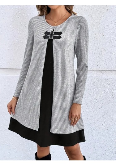 Ge Ticaret Kadın Uzun Kollu Önü Tokalı Şardonlu Kaşkorse Iç Kısmı Viskon Midi Elbise Ikili Takım Siyah