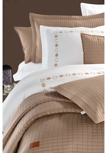 Elegante %100 Pamuk Saten Yatak Örtüsü Seti Camel Bej