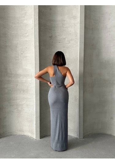 Tek Omuz Pliseli Elbise Gri