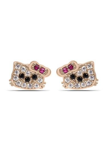 Hello Kitty Kedi Rose Kaplama 925 Ayar Gümüş Çocuk Küpe