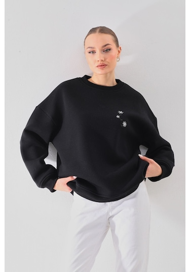 Kallima Oversize Baskılı İçi Polarlı Siyah Kadın Sweatshirt Siyah