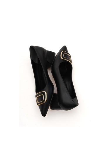 Scenic Siyah Tokalı 4cm Sivri Burun Topuklu Ayakkabı Siyah Cilt
