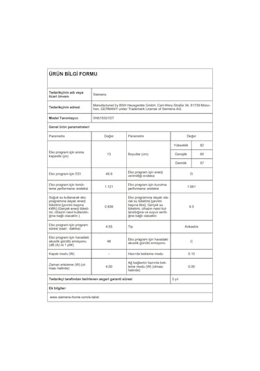 Siemens SN515S01DT 5 Programlı 13 Kişilik Yarı Ankastre Bulaşık Makinesi