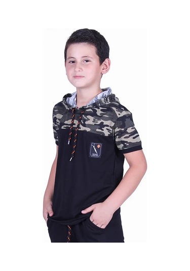 Kamuflaj Desenli Kapşonlu Haki Erkek Çocuk T-shirt Haki