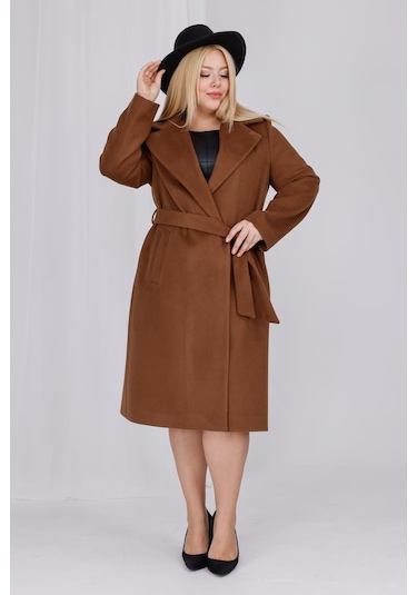 Kadın Kahve Yün Kaşe Kemer Ve Astar Detay Büyük Beden Kaban Kahverengi