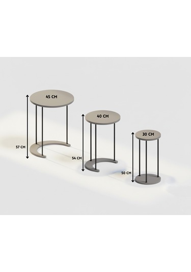 Alpa Ev Mobilya Ay 3 Lü Yuvarlak Zigon Sehpa Seti, Modern Metal Ayaklı C Model Şık Yan Sehpa Traverten