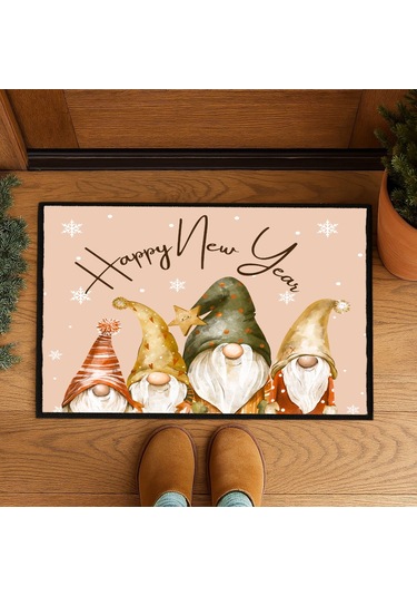 New Year Cüceler Mutlu Yıllar Kapı Önü Paspası 60x40 Cm Paspas Çok Renkli