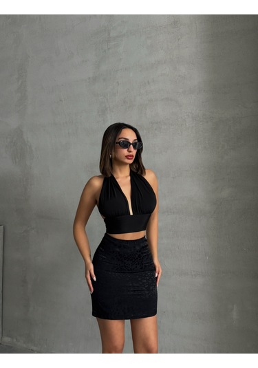 Kadın Desenli Saten Etek Siyah