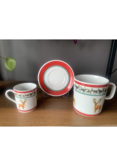 Yeni Yıl-noel Geyik Model 6 Parça 2 Kişilik Kupa Ve Türk Kahvesi Fincanı Takımı Çok Renkli