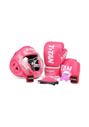 Titan Sport Pembe Camlı Model Serisi Özel Takım Set , Boks Kaskı, Boks Eldiveni, Dişlik, Bandaj