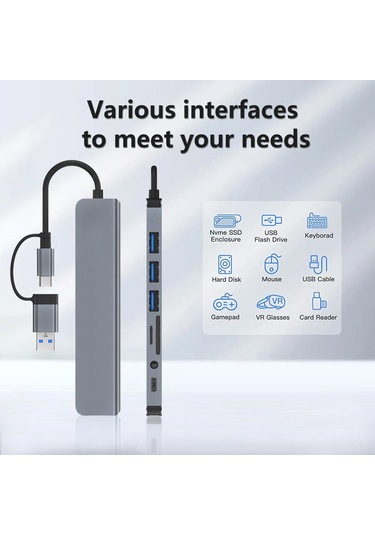 Apera MT96 OTG Kablolu Çoklayıcı Type-C USB Girişli 8in1 Adaptör Hub Çoğaltıcı Kart Okuyucu Aux