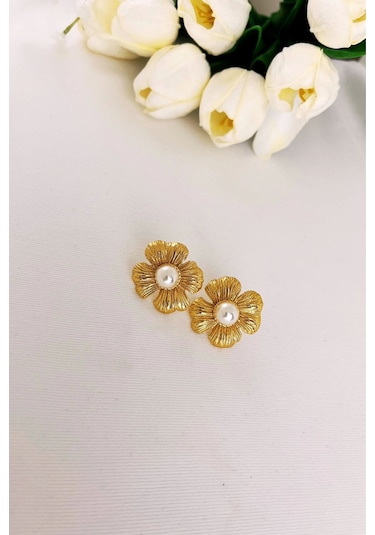 Çizgili Çiçek Gold Küpe Çok Renkli
