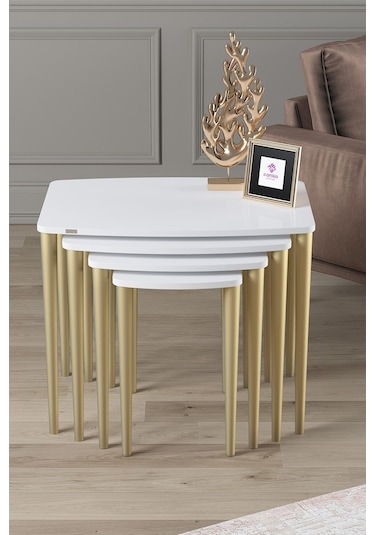Canisa Concept Anka Serisi Mdf 4'lü Zigon Sehpa Takımı/ Beyaz Ayaklar Gold Beyaz-gold