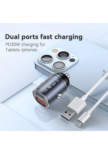 Sones Usams Us-cc206 C38 Pd30w Usb + Type-c Çift Bağlantı Noktalı Hızlı Şarj Alüminyum Alaşımlı Araç Şarj Cihazı Kararma