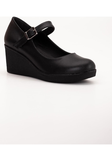 Baretli Suni Deri Siyah Kadın Dolgu Taban Ayakkabı-3101-siyah
