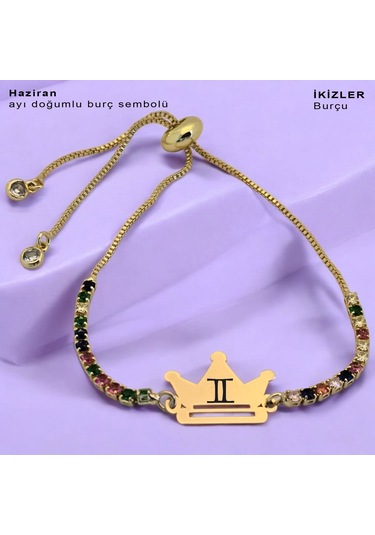 Haziran Ayı Doğumlarına Renkli Taş Desenli Taç Motifli 14 Ayar Altın Plakalı Hediye Bileklik-489ay Haziran