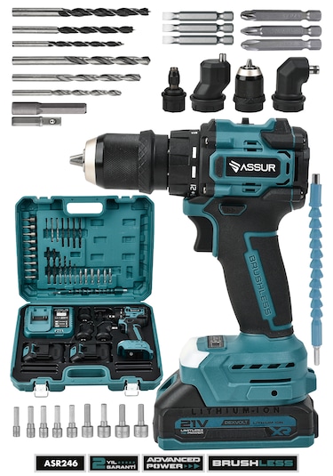 Assur ASR246 21V Çift Akü 4 Başlıklı Akülü Vidalama Mavi