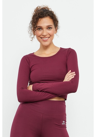 Tommy Life Bordo Uzun Kollu Dar Kalıp O Yaka Kadın Crop Top T-shirt - 97150 Bordo