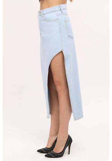 Shevega Kadın Buz Mavi Uzun Ön Parçali Asimetrik Kot Etek Buz Mavi