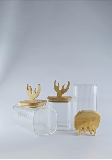 Boynuz Şekilli Bambu Kapaklı Cam Kavanoz Seti - Borosilikat Kavanoz Takımı - 3'lü Set - Kare Bambu