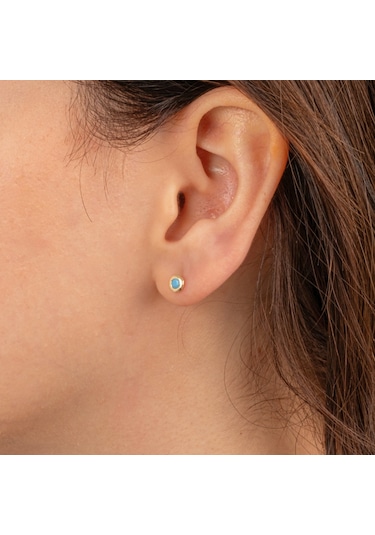 Altın Küpe - 14 Ayar Altın Minimal Firuze Turkuaz Taşlı Küpe Sarı