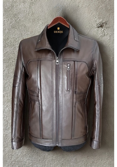 Derije Mateo Hakiki Deri Erkek Kestane Karartma Ceket - Mont