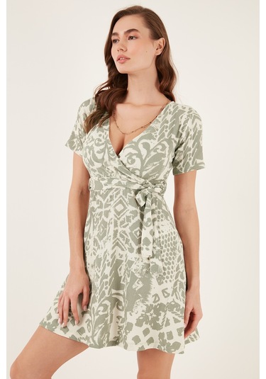 Lela Desenli Kruvaze Yaka Regular Fit Bayan Elbise 5865723 Olive