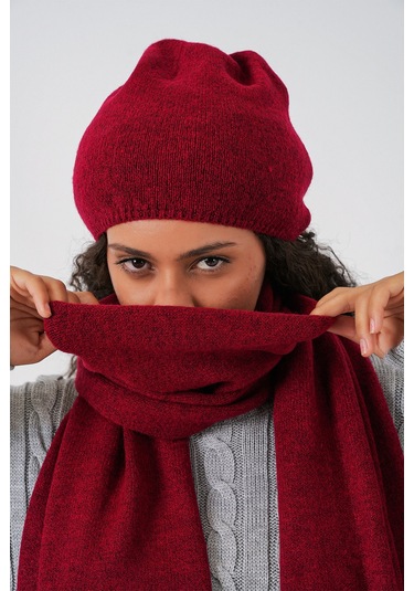 Kadın Triko Atkı Bere 15939 - Bordo Bordo