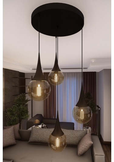 Liora Modern Siyah Metal Avize - Bal Cam, 4'lü Sarkıt, E27 Duy,