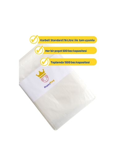 Korbell 15L ve 16L Uyumlu  Yerli Çöp Poşeti 1500 Bez Kapasiteli 3 Adet